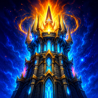Dreadspire app icon: a dark spire wreathed in fire and blue flame.