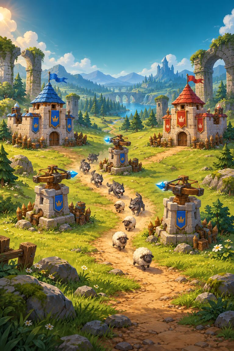 Painted key art: two rival keeps face each other across a green valley while creatures march along a winding road between towers.