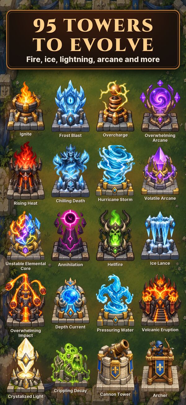 A grid of painted tower forms, from fire and frost to lightning and arcane towers.