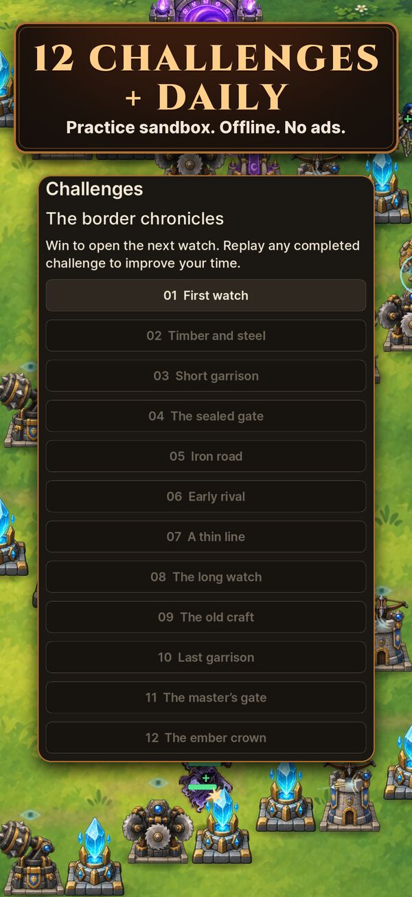 The challenges list with numbered handcrafted challenges, shown over a maze.
